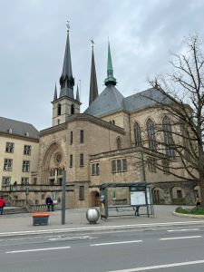 Luxembourg Cathedral Notre Dame and bus stop