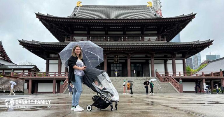 Travelling around Japan with a Stroller - Canary Family on Board in front of a Shrine in Kyoto